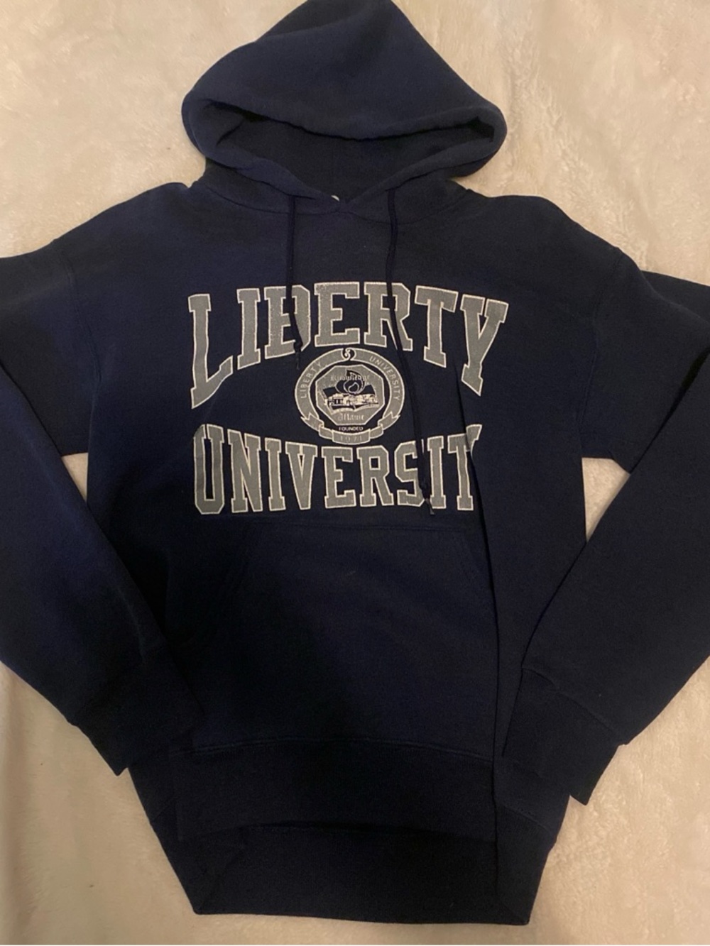 Vintage Jansport Navy Hooded Sweatshirt with White University Print